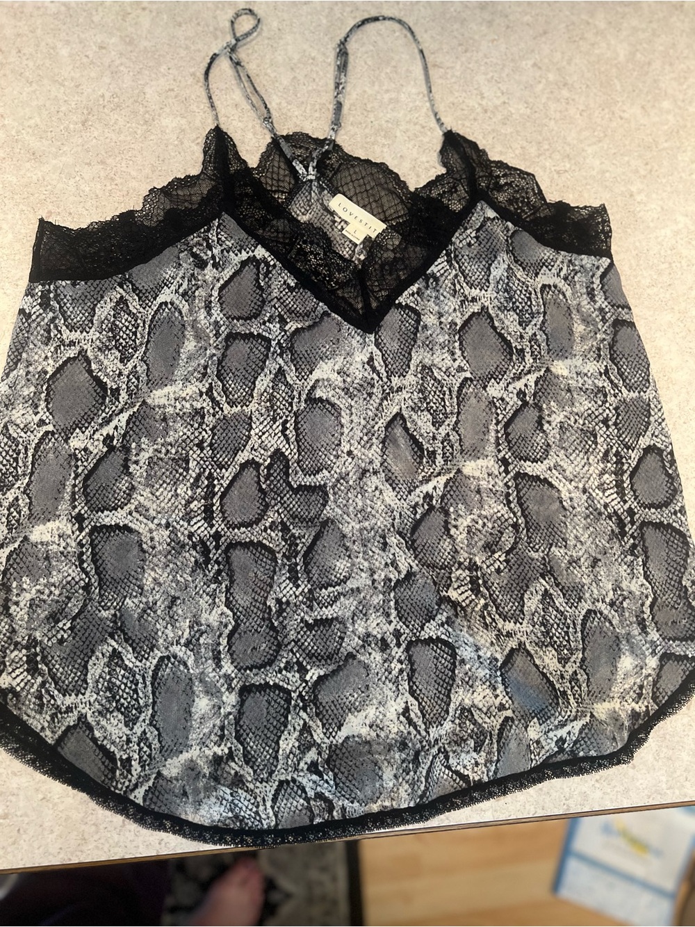 lovestitch Black & Gray Snake-Print Lace Trim Cami